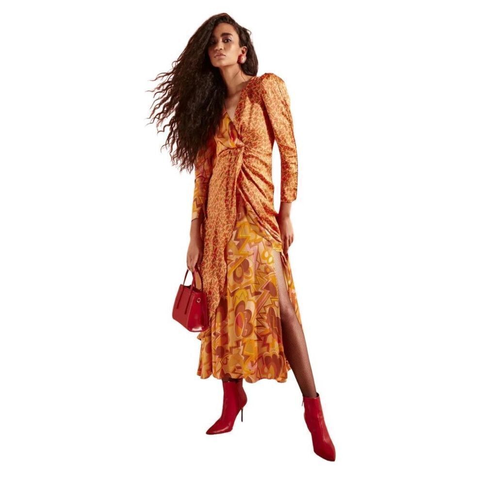 CeliaB Kazbek Long Puff Sleeve Printed Midi Dress Multicolor Women's Size Large
